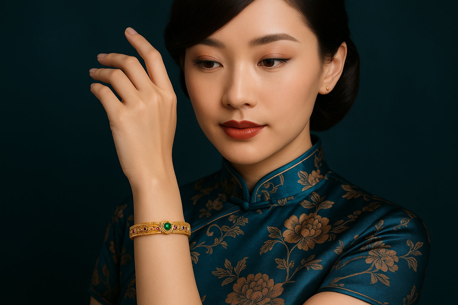 Chinese qipao model wearing ornate gold bracelet