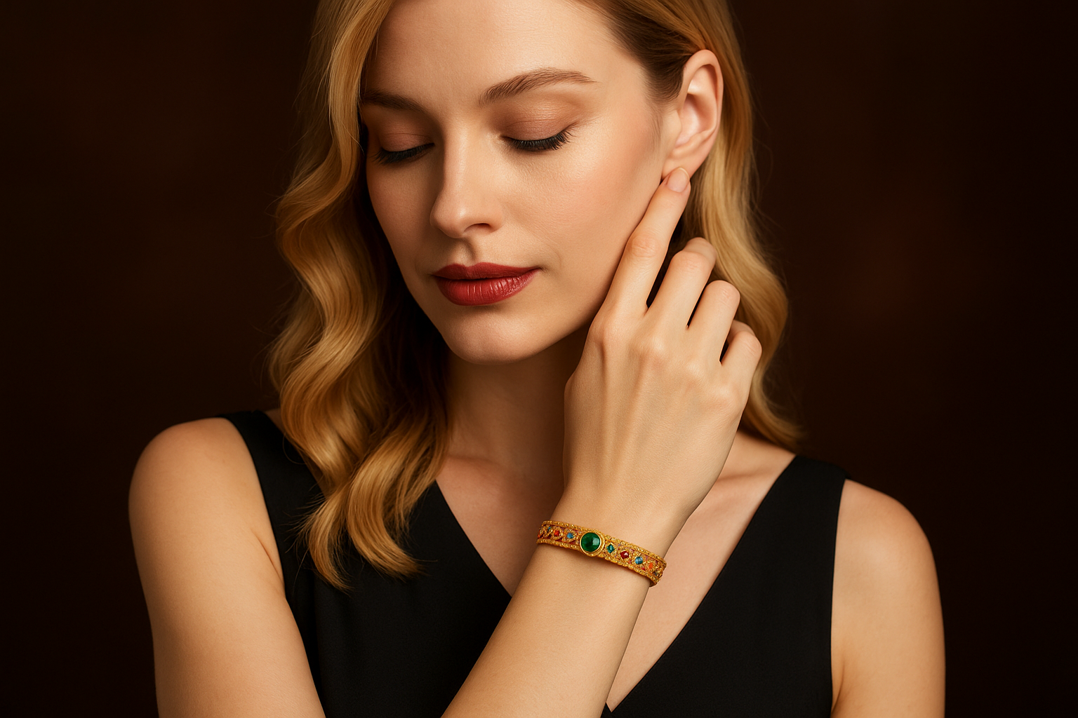 Western model wearing ornate gold bracelet